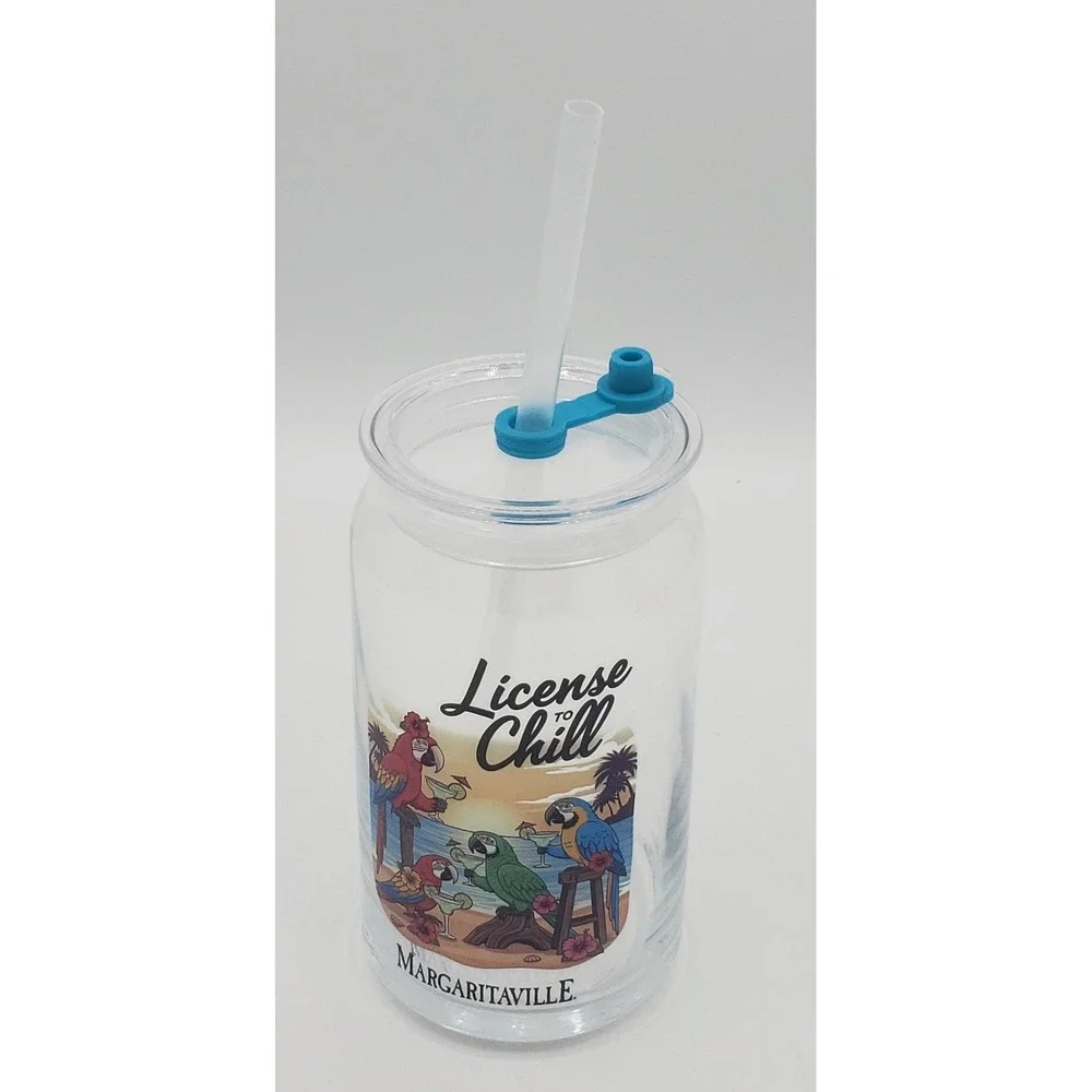 Margaritaville NEW 16oz Glass Sipper with Straw and Lid License to Chill Parrot